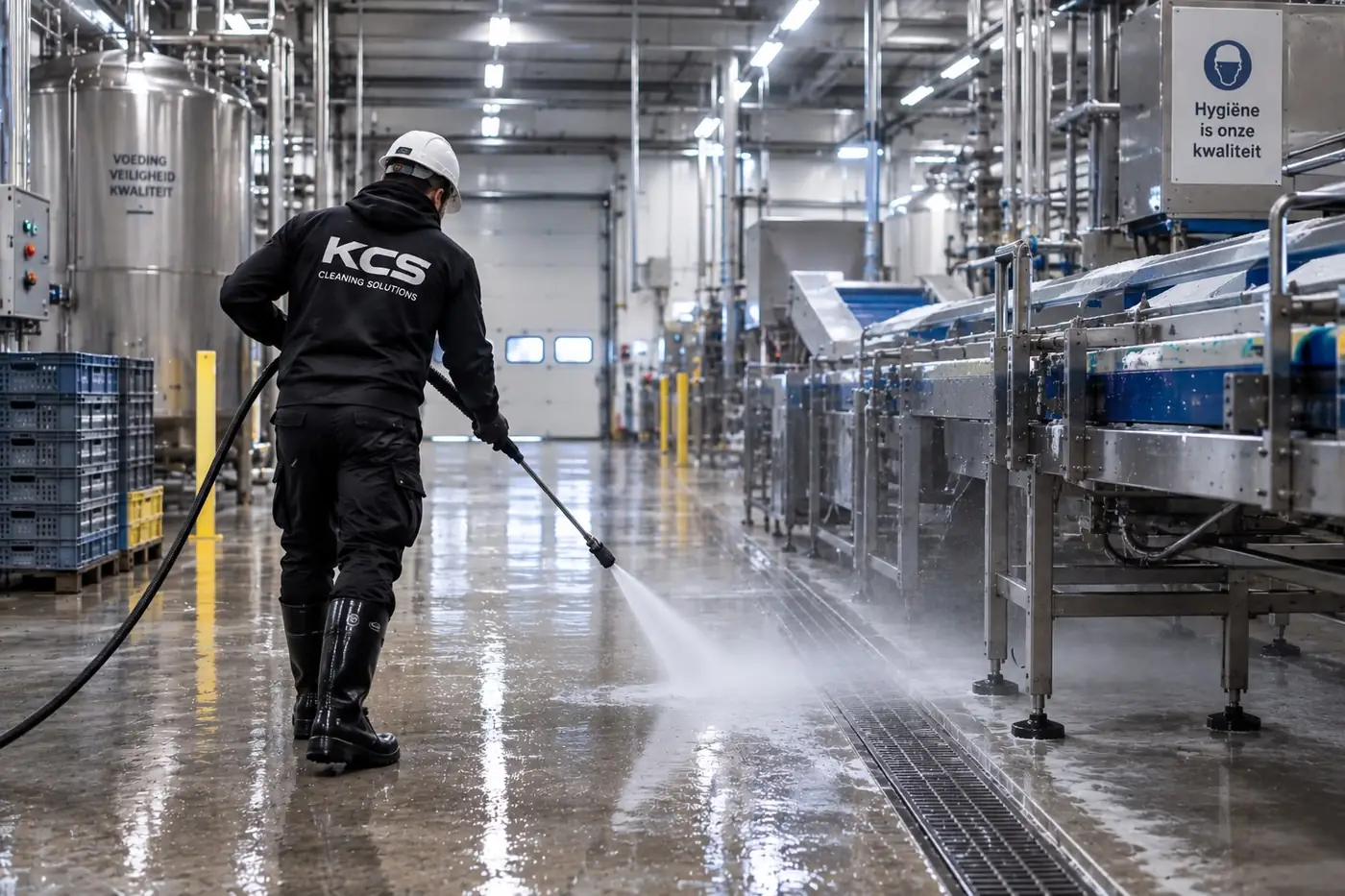 KCS-medewerker reinigt met hogedruk de vloer en transportbanden in een voedingsmiddelenfabriek