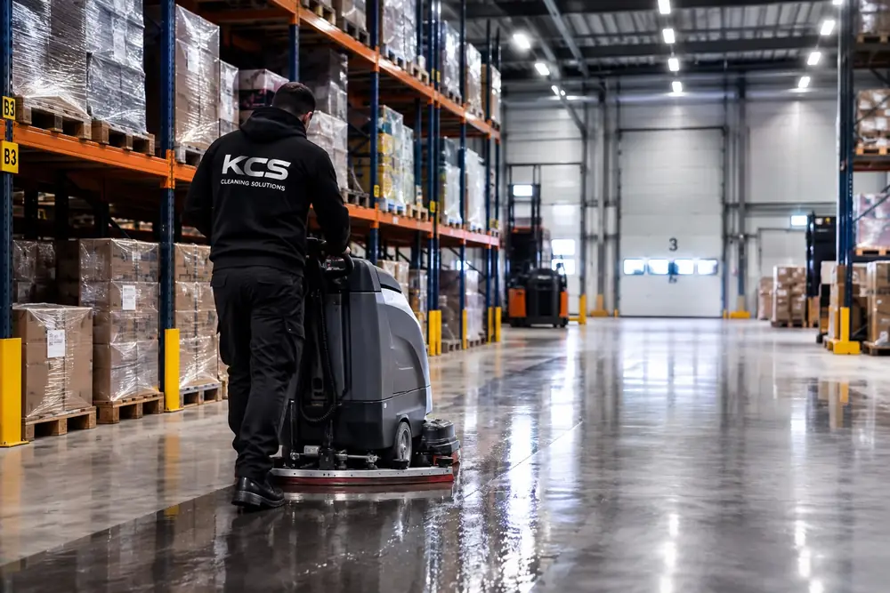 KCS-medewerker reinigt met een schrobmachine de vloer van een groot magazijn
